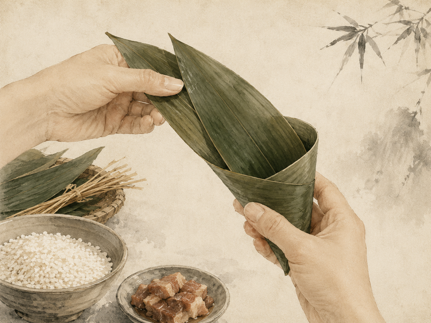 折叶成筒 / Folding zongzi leaves into a cone