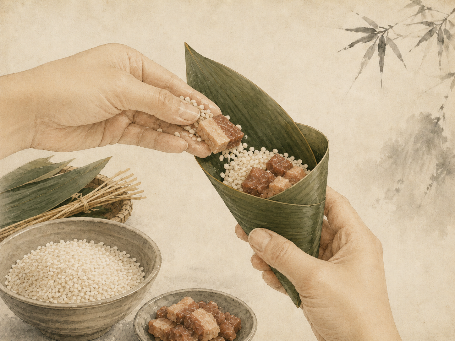 填米入馅 / Filling the cone with rice and pork