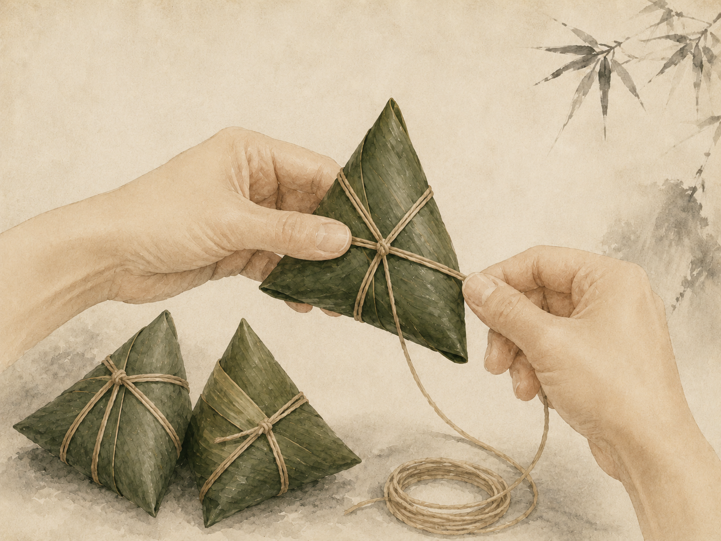 扎绳定粽 / Tying the zongzi with string